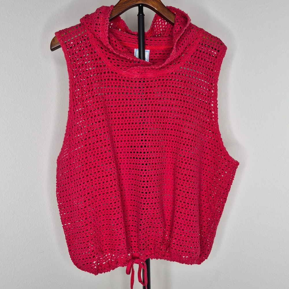 Vintage Baja Blue Red Crochet Mesh Sleeveless Hoodie Drawstring Top Streetwear S